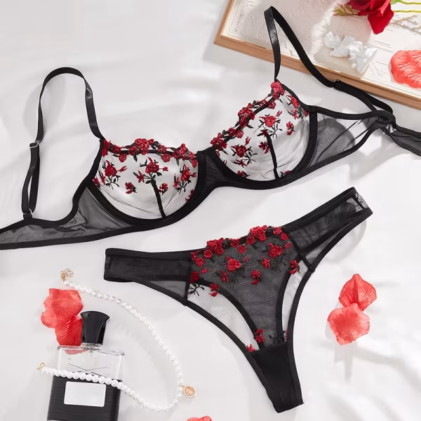 Black Transparent Set with Red Flowers
