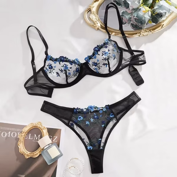 Black Transparent Set with Blue Flowers