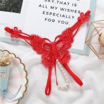 Amaranth Red Open Crotch Pearl Thong Panty